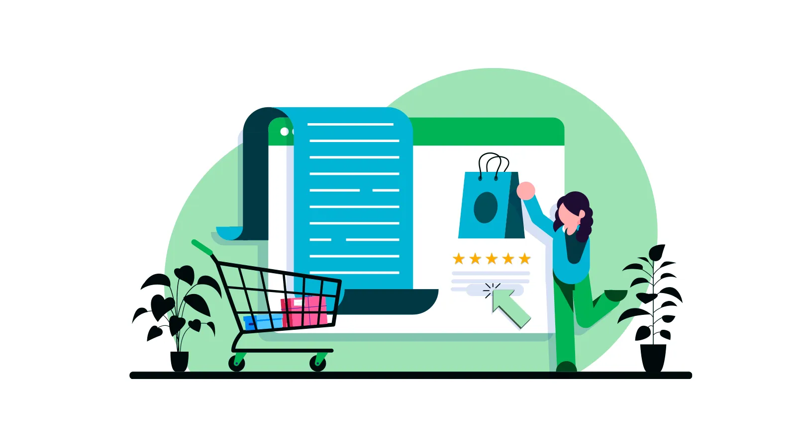 Ilustração de compra online representando checkout transparente em e-commerce