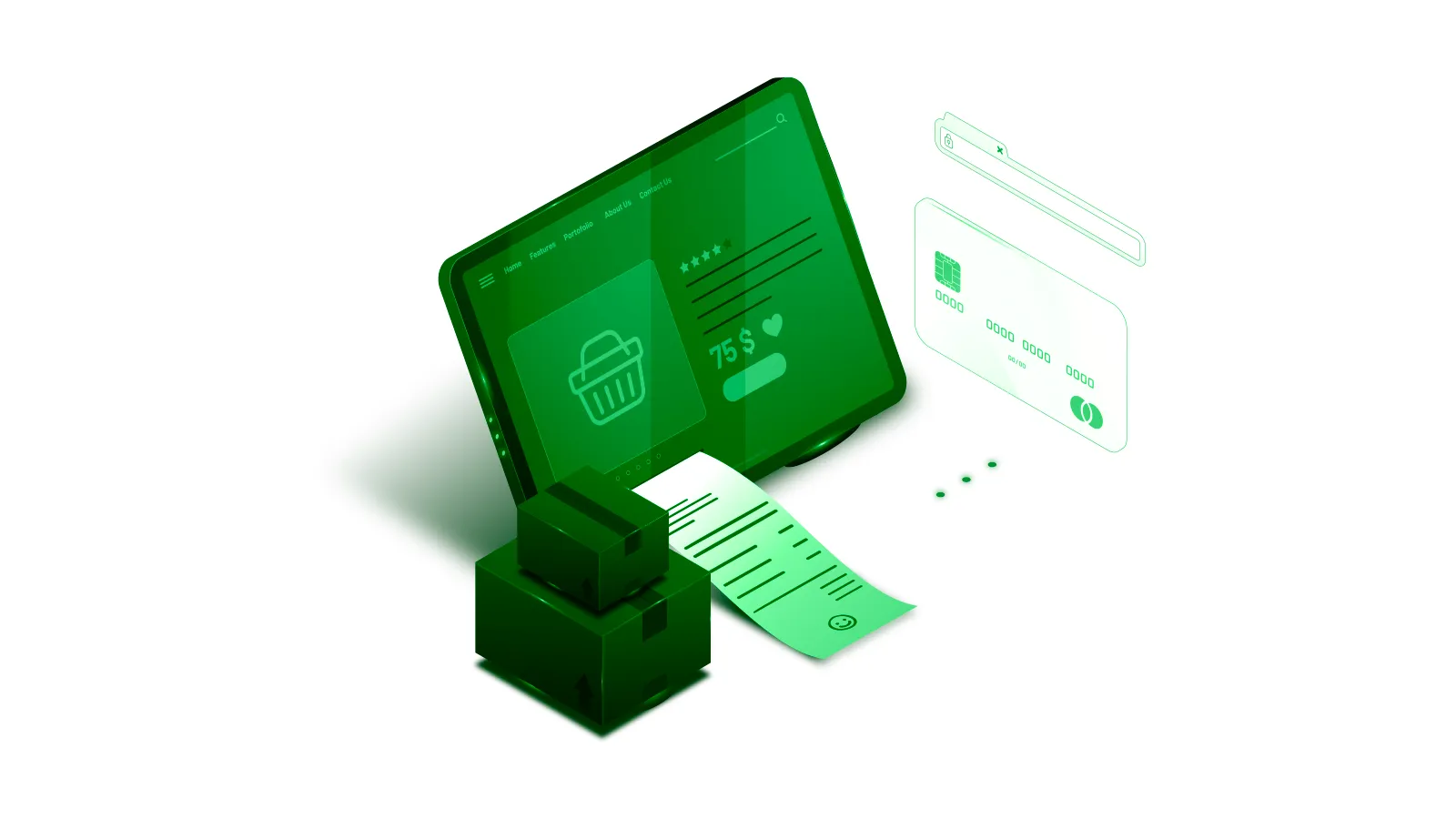 Ilustração 3D de um checkout online seguro com tablet, cartão de crédito e recibo, representando pagamentos digitais em um e-commerce