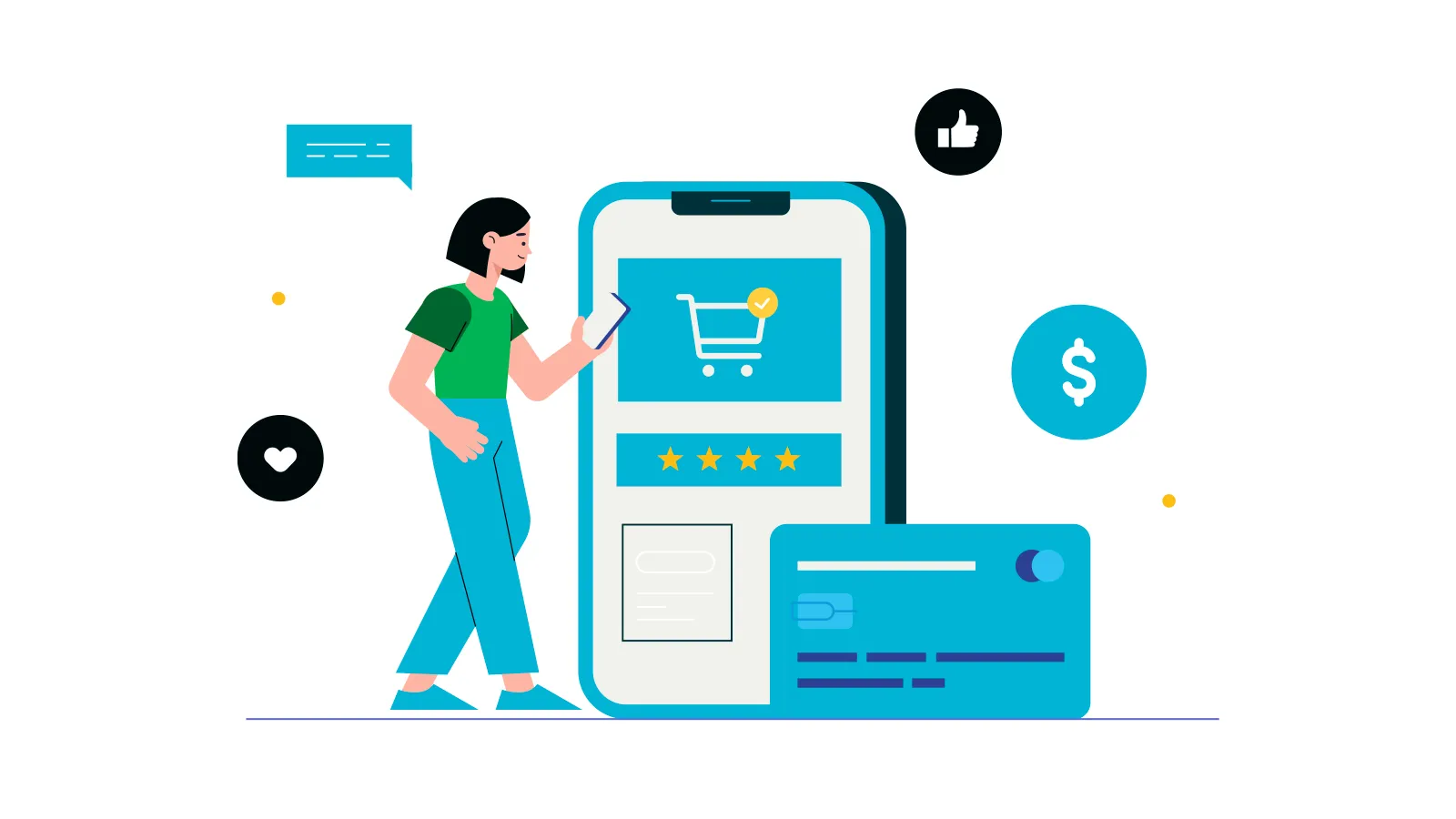Ilustração de mulher realizando pagamento online no celular com cartão de crédito, representando gateway de pagamento e adquirência