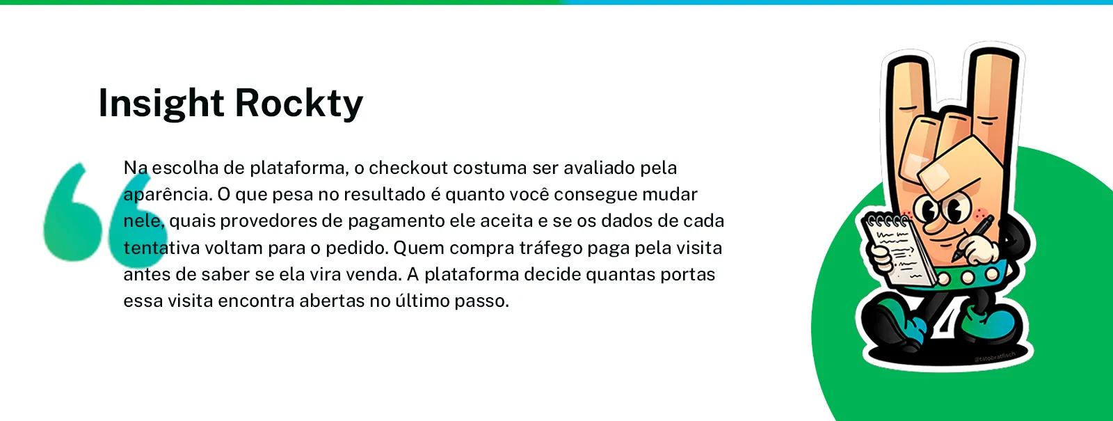 Citação de Rockty sobre avaliar o checkout na escolha de plataforma de e-commerce além da aparência