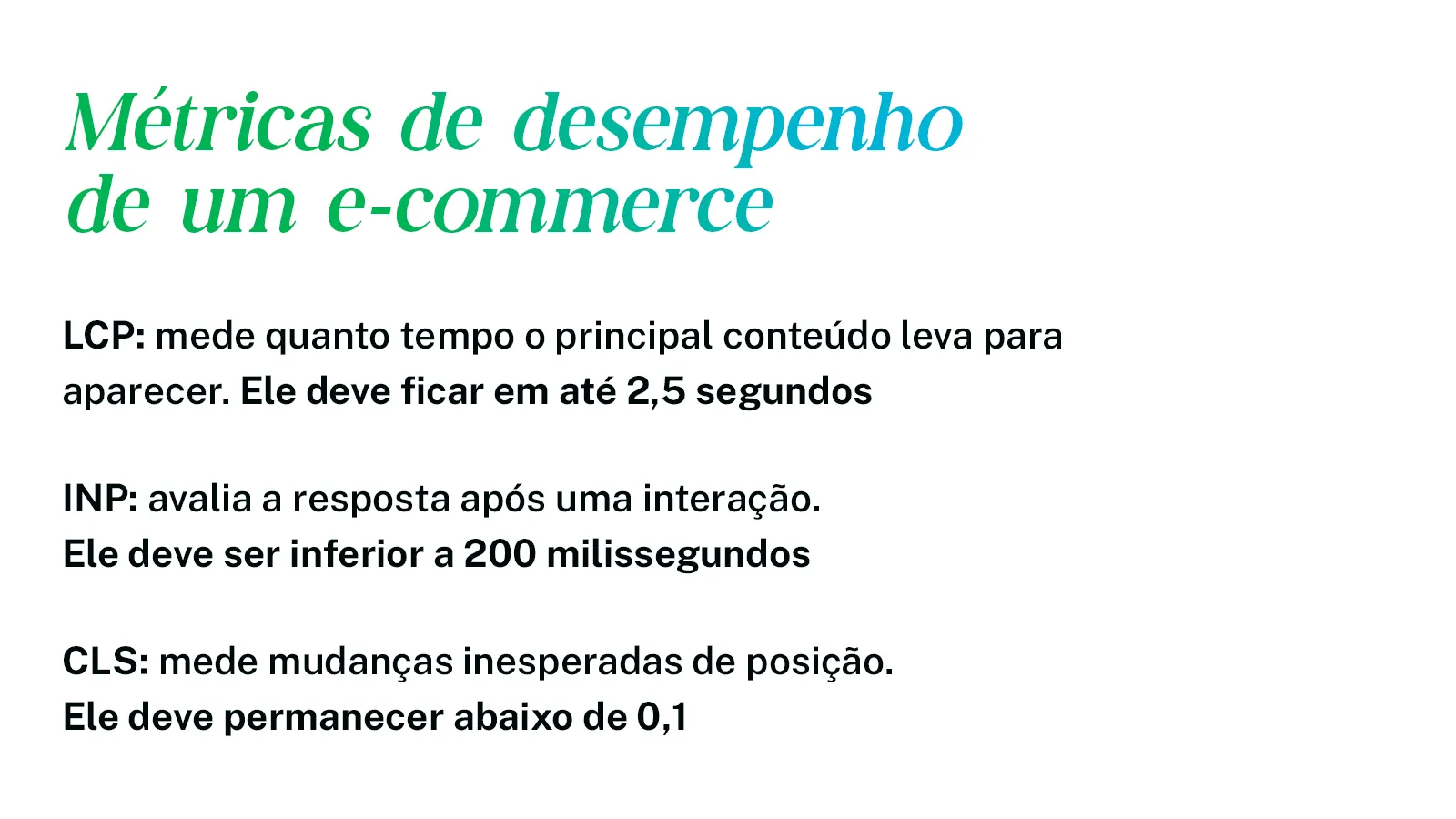 Métricas Core Web Vitals de um e-commerce: LCP, INP e CLS