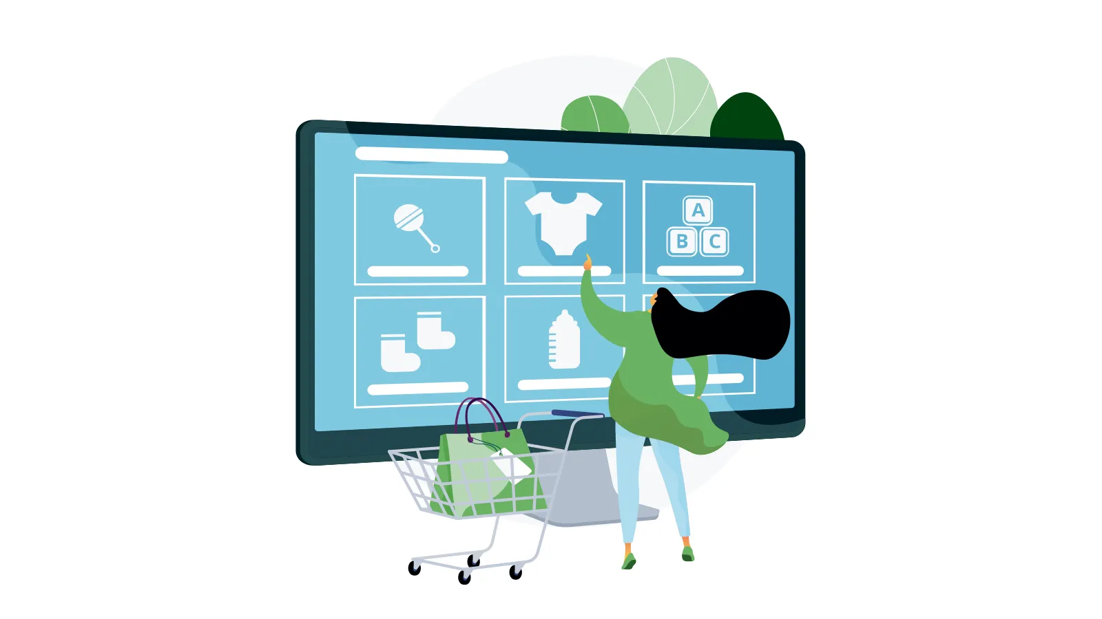 Cliente navegando na vitrine de uma loja virtual de produtos infantis, escolhendo itens e adicionando ao carrinho de compras em um e-commerce