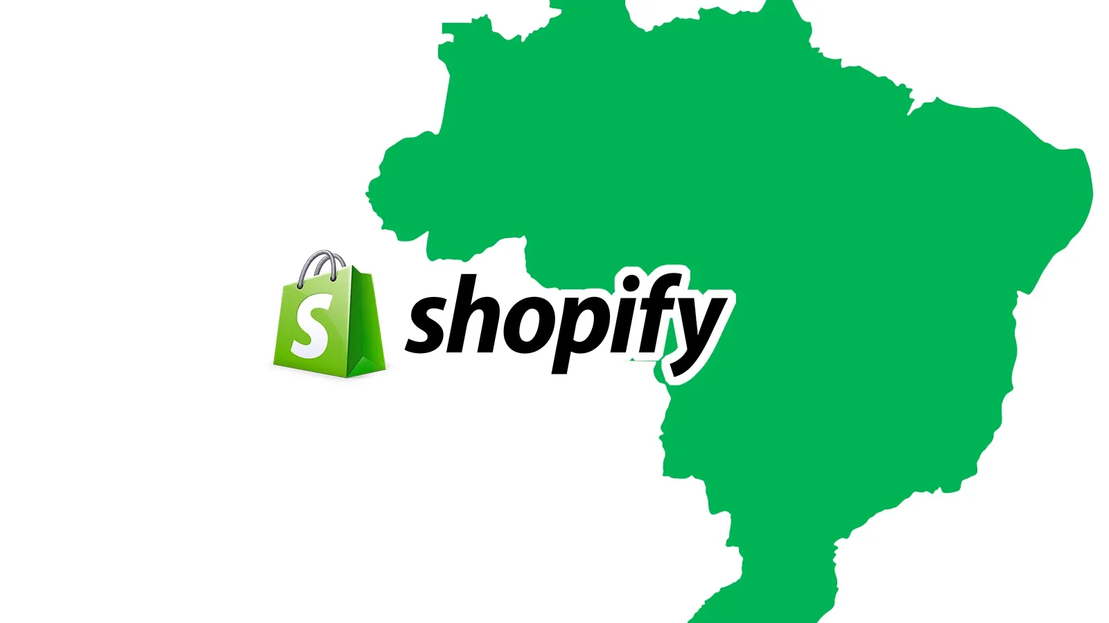 Logo da Shopify sobre o mapa do Brasil em verde, ilustrando o uso da plataforma Shopify para e-commerce no mercado brasileiro.